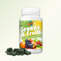 Multiwitamina Greens & Fruits TiB – opakowanie 90 tabletek i widok zielonych tabletek