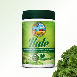 Opakowanie Kale This is BIO – organiczne, sproszkowane liście jarmużu 110g obok świeżych liści