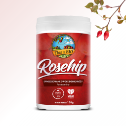 Opakowanie Rosehip This is BIO – organiczne, sproszkowane owoce dzikiej róży 150g z gałązką owoców w tle