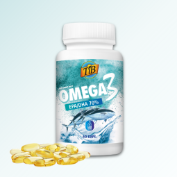 Opakowanie Omega 3 TiB obok bursztynowych kapsułek żelowych – suplement diety 60 kapsułek