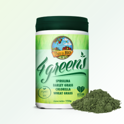 Opakowanie 4Greens Organic obok zielonego proszku – mieszanka trawy pszenicznej, jęczmiennej, chlorelli i spiruliny