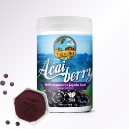 Ekologiczne jagody Acai w proszku This is BIO 80g obok miseczki z porcją produktu.