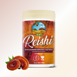 Ekologiczne sproszkowane owocniki i grzybnia Reishi This is BIO w szczelnym opakowaniu o masie netto 80g.