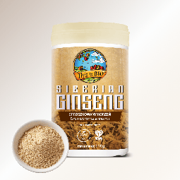 Ekologiczny żeń-szeń syberyjski This is BIO 110g – sproszkowany korzeń w słoiku z miseczką proszku.