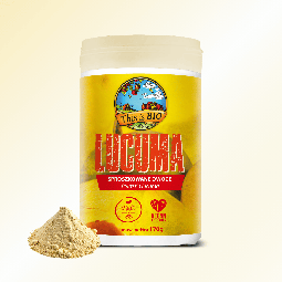 Ekologiczna Lucuma This is BIO 170g w opakowaniu obok porcji jasnożółtego proszku.