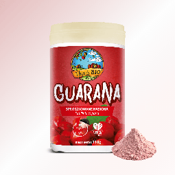 Opakowanie sproszkowanych nasion guarany This is BIO 110g obok kopczyka różowego proszku.