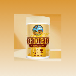 Opakowanie sproszkowanych owoców baobabu This is BIO 110g na słonecznym, żółtym tle.